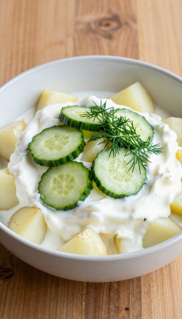 A bowl of Light Greek Yogurt Potato Salad with Cucumber, showcasing creamy potatoes, fresh cucumbers, and dill in natural light, perfect for a blog listicle on homemade potato salad recipes.