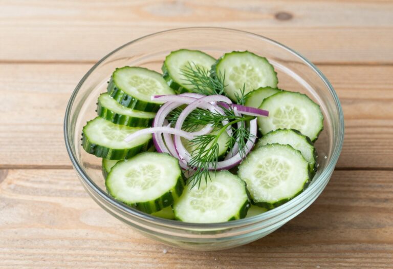 Colorful chilled cucumber salad with dill and red onion in a glass bowl on a wooden table