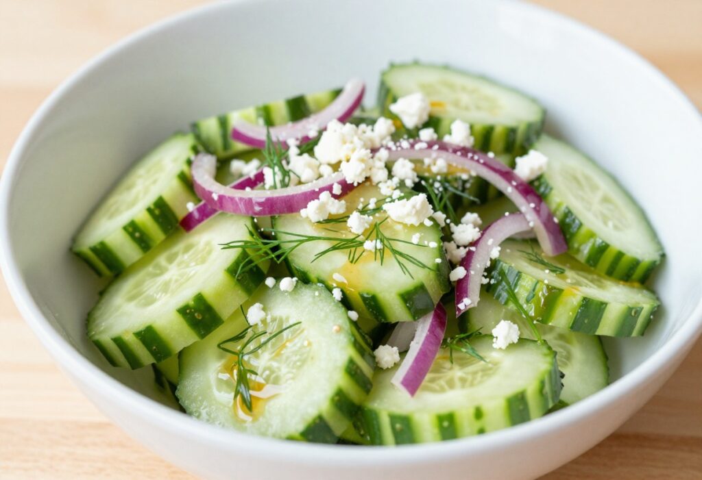 Close-up of a fresh cucumber dill salad with vinegar dressing in a bowl