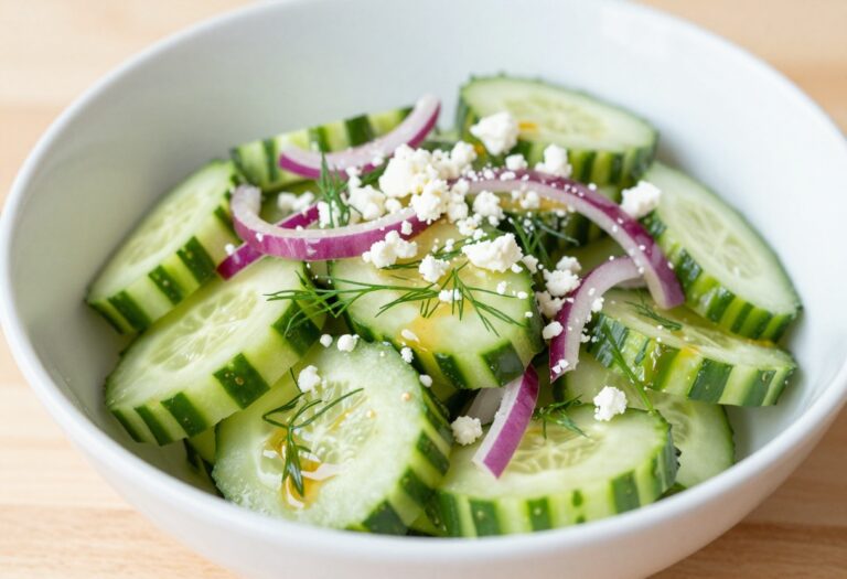 Close-up of a fresh cucumber dill salad with vinegar dressing in a bowl