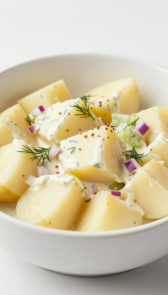 A bowl of creamy potato salad with fresh herbs and vegetables, ready to serve at a backyard BBQ.