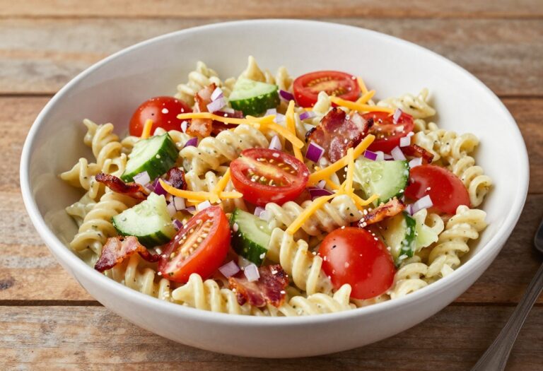 Creamy ranch pasta salad with rotini pasta, cherry tomatoes, cucumber, red onion, cheddar cheese, and bacon in a bowl, perfect as a BBQ side dish.
