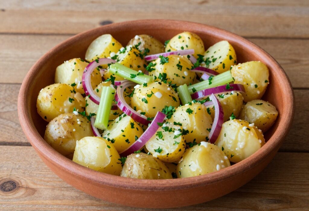 French potato salad in a bowl with crunchy vegetables and a tangy dressing, ready to serve.
