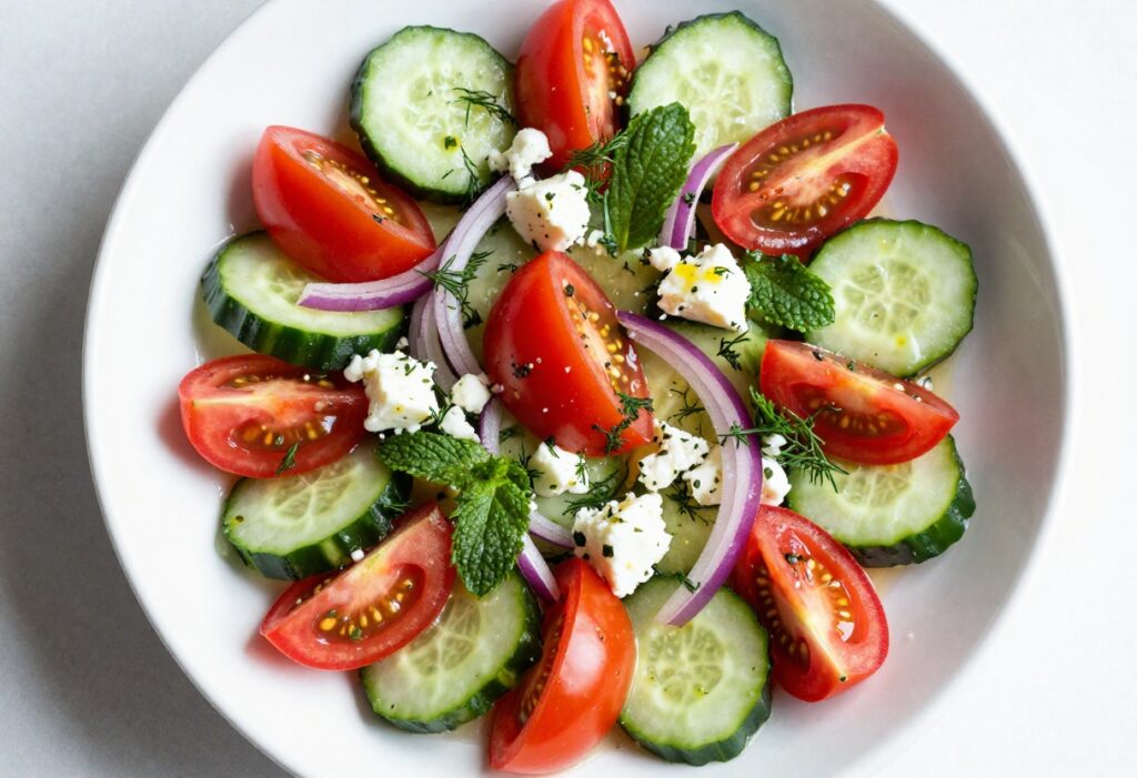 Greek cucumber tomato salad with feta cheese and fresh herbs in a white bowl