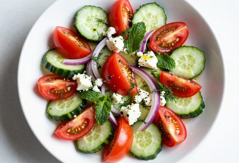 Greek cucumber tomato salad with feta cheese and fresh herbs in a white bowl