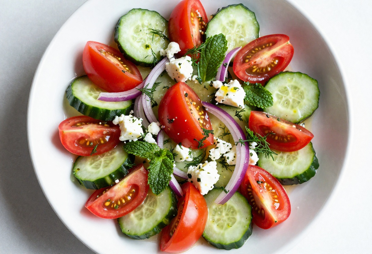 Greek cucumber tomato salad with feta cheese and fresh herbs in a white bowl