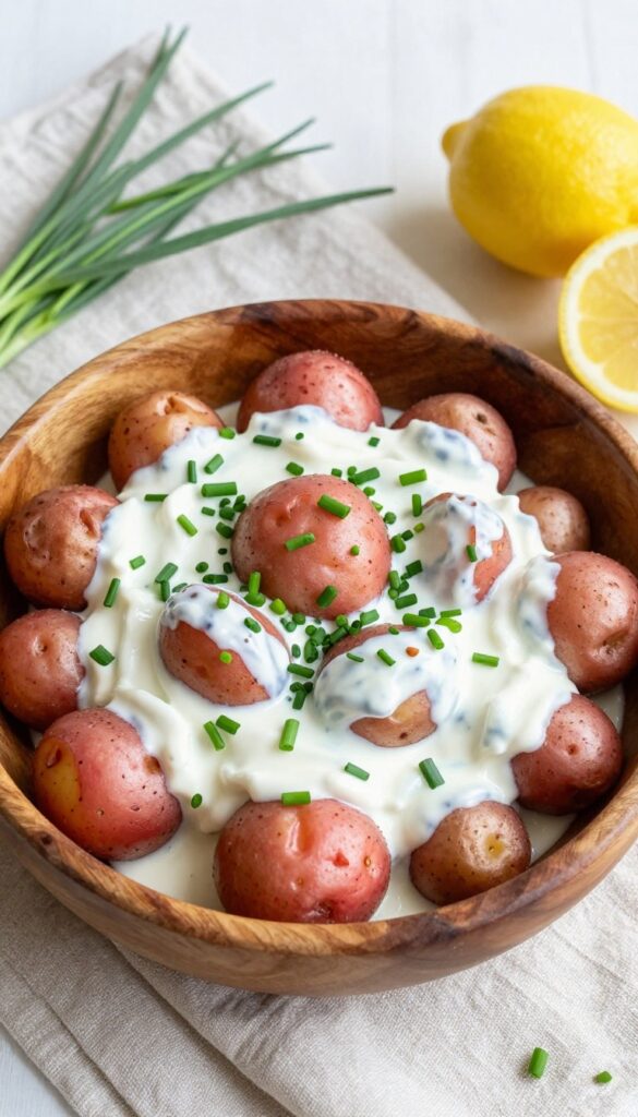 A bowl of Greek yogurt potato salad with chives, garnished with lemon and fresh herbs, set on a linen cloth for a summer picnic.