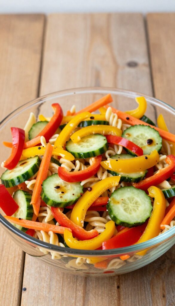 A vibrant cold veggie pasta salad with bell peppers, cucumber, carrots, and pasta in a glass bowl, ready for a light dinner.
