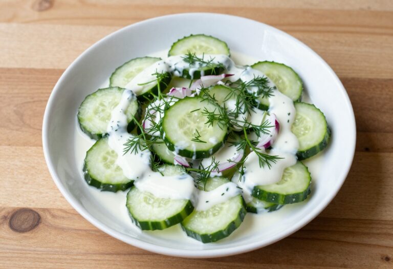 Creamy cucumber salad with sour cream dressing and fresh dill in a white bowl