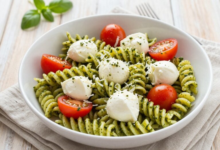 A fresh pesto pasta salad with fusilli pasta, cherry tomatoes, mozzarella, and Parmesan cheese in a white bowl on a wooden table, representing summer recipes.