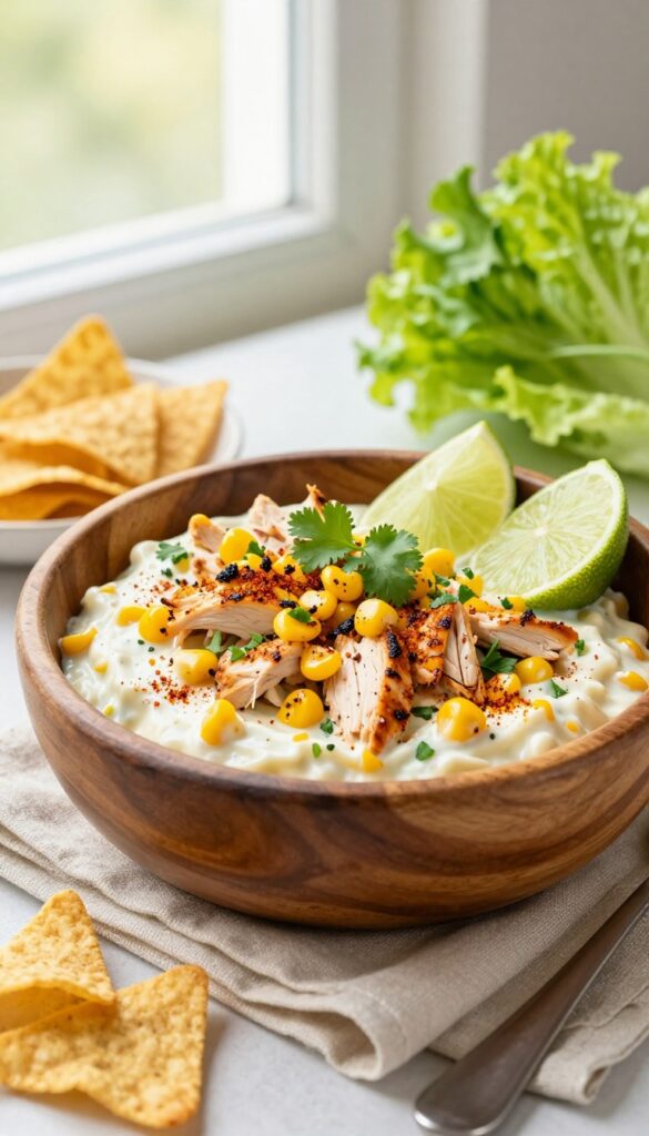 Smoky paprika and roasted corn chicken salad in a wooden bowl with tortilla chips and lettuce.
