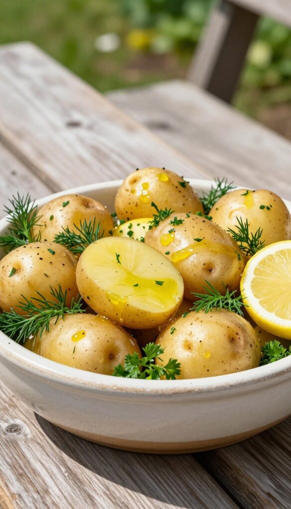 A close-up of a lemon-herb potato salad with fresh dill and parsley in a rustic bowl, bathed in natural light, perfect for a healthy recipe blog.