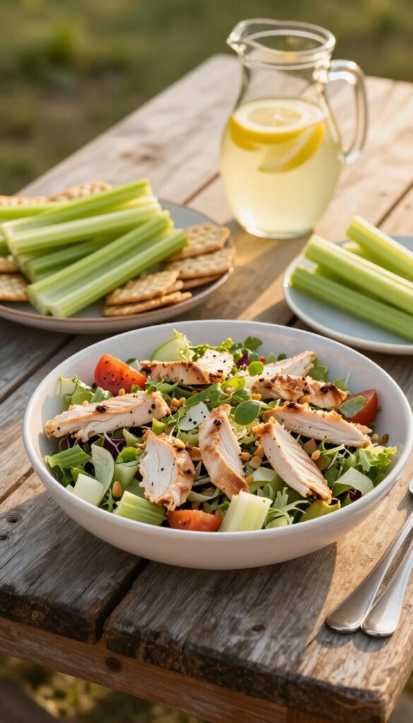 Chicken salad served with crackers and celery on a picnic table