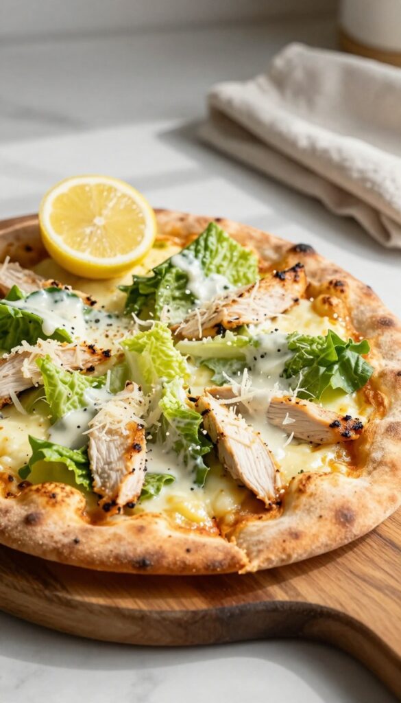 Chicken Caesar flatbread pizza on a wooden board with fresh romaine and Parmesan.