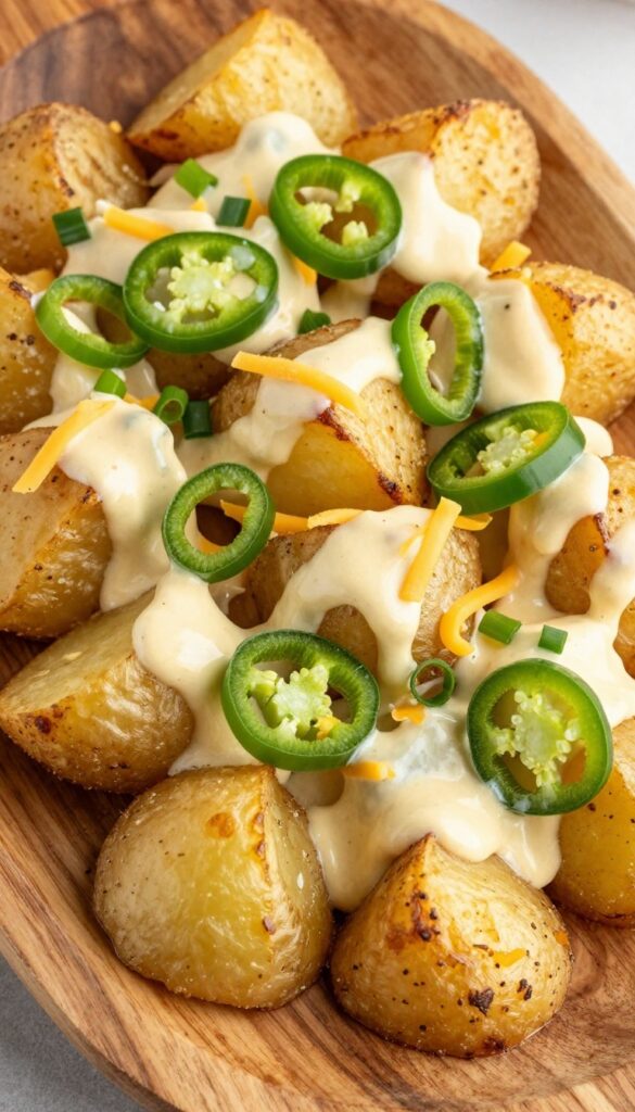 A close-up of Cheesy Jalapeño Baked Potato Salad with roasted potatoes, cheddar cheese, jalapeños, and green onions on a wooden platter, ideal for picnics and potlucks.