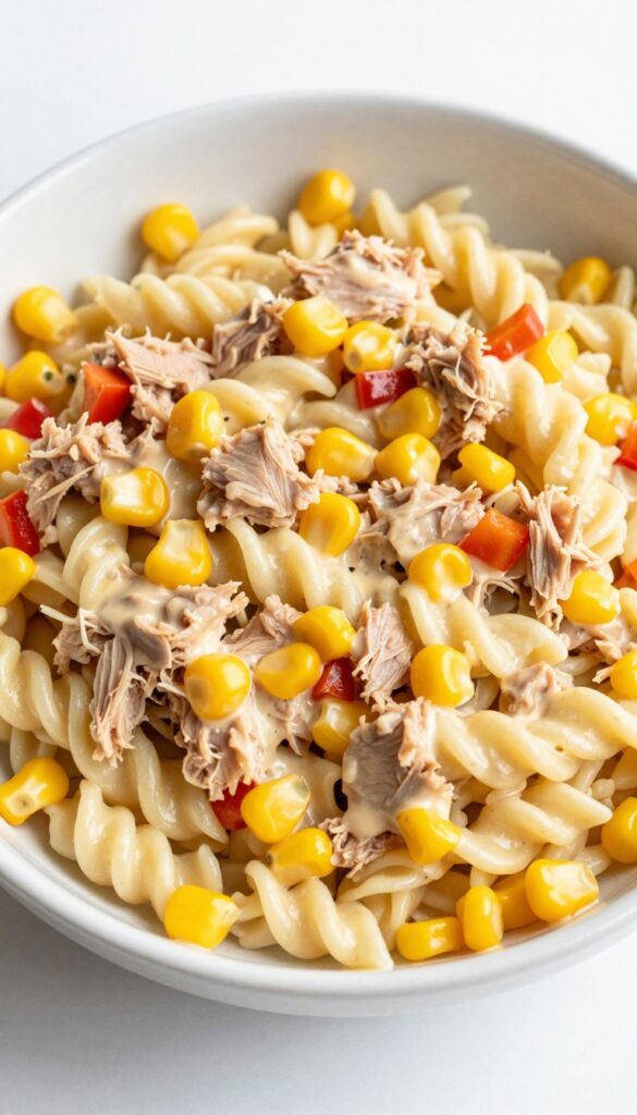 A close-up of a tuna pasta salad with sweet corn, showcasing the mix of textures and ingredients like pasta, tuna, corn, and bell pepper in a creamy dressing, ideal for a food blog section on recipe ideas.