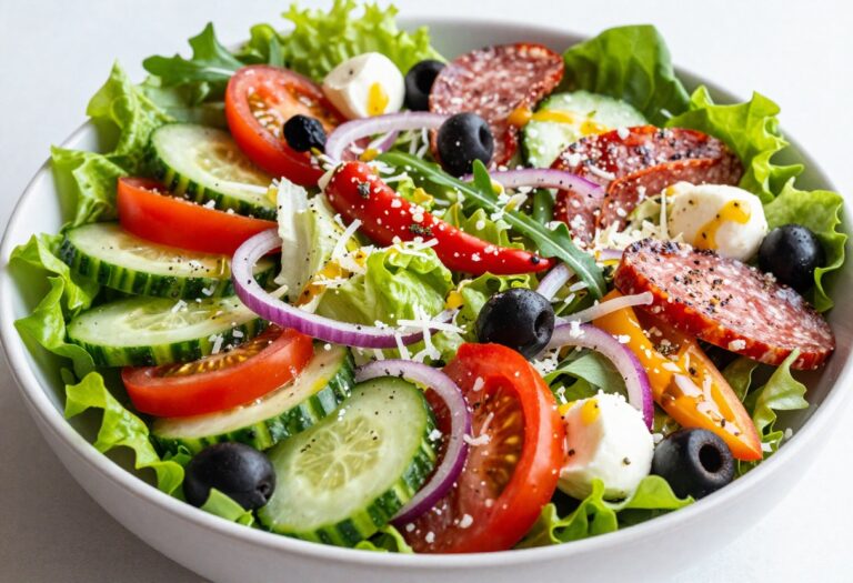 A close-up view of a loaded Italian sandwich salad with romaine lettuce, arugula, tomatoes, cucumbers, olives, peppers, salami, pepperoni, and cheeses in a bowl, showcasing fresh ingredients and a tangy dressing.
