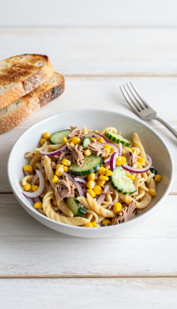 A bowl of tuna Italian pasta salad with corn, cucumber, and red onion in Italian dressing, served with toasted bread, representing a simple and delicious cold pasta recipe.