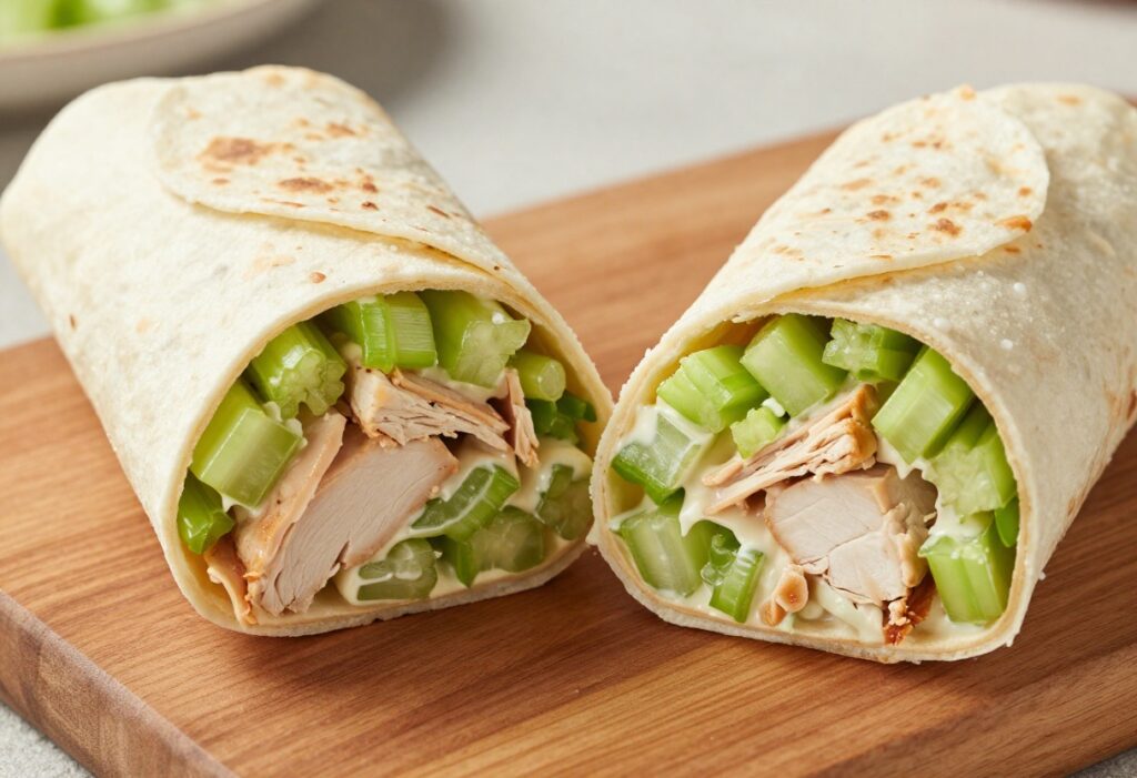 Chicken salad wrap cut in half on a wooden board