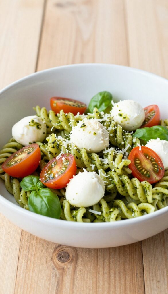 A bowl of classic basil pesto pasta salad with fusilli pasta, cherry tomatoes, mozzarella balls, and parmesan cheese, arranged in a bright, natural setting.