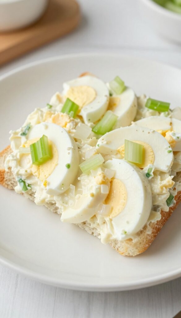 A close-up view of a classic creamy egg salad sandwich with visible egg chunks and celery, presented on a white plate in bright natural light.