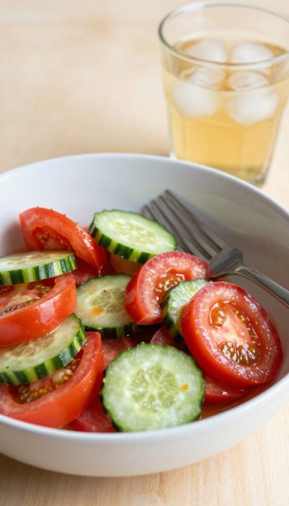 Cucumber tomato salad with Italian dressing served with a fork and iced tea