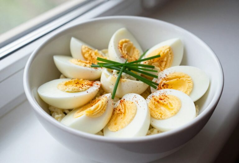 Creamy deviled egg potato salad in a white bowl garnished with chives and paprika