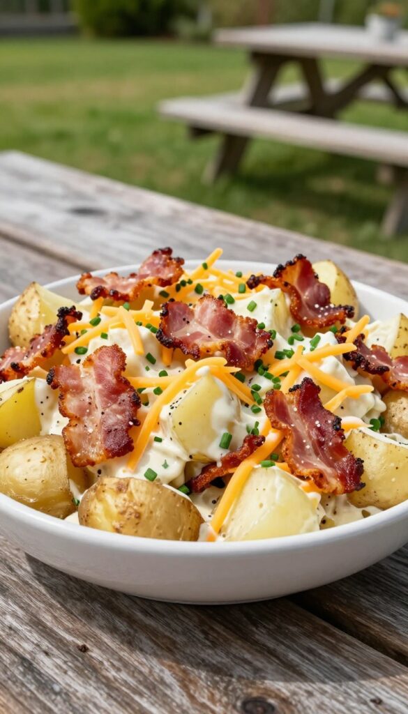 A bowl of bacon and cheddar loaded potato salad with crispy bacon, sharp cheddar, and chives, served on a rustic wooden table in natural light for backyard BBQs or picnics.