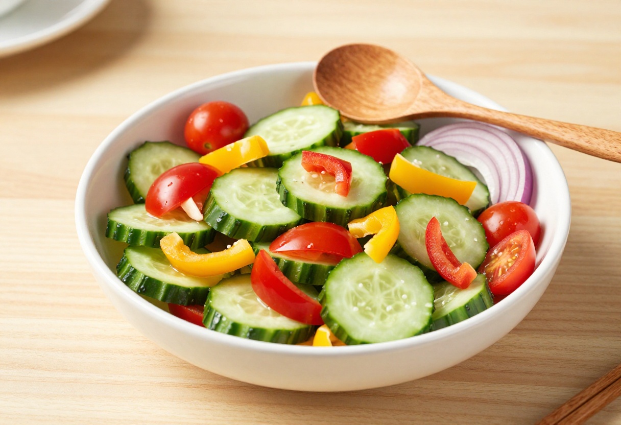 Light cucumber pepper salad with tomato in a white bowl on a wooden table