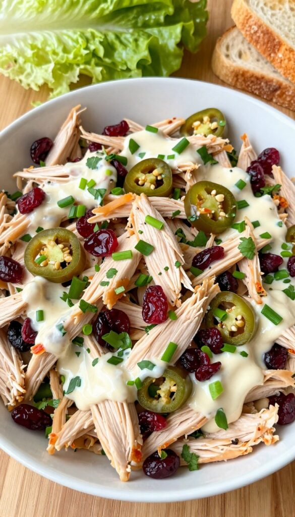 Spicy cranberry jalapeño chicken salad in a bowl with dried cranberries and jalapeño