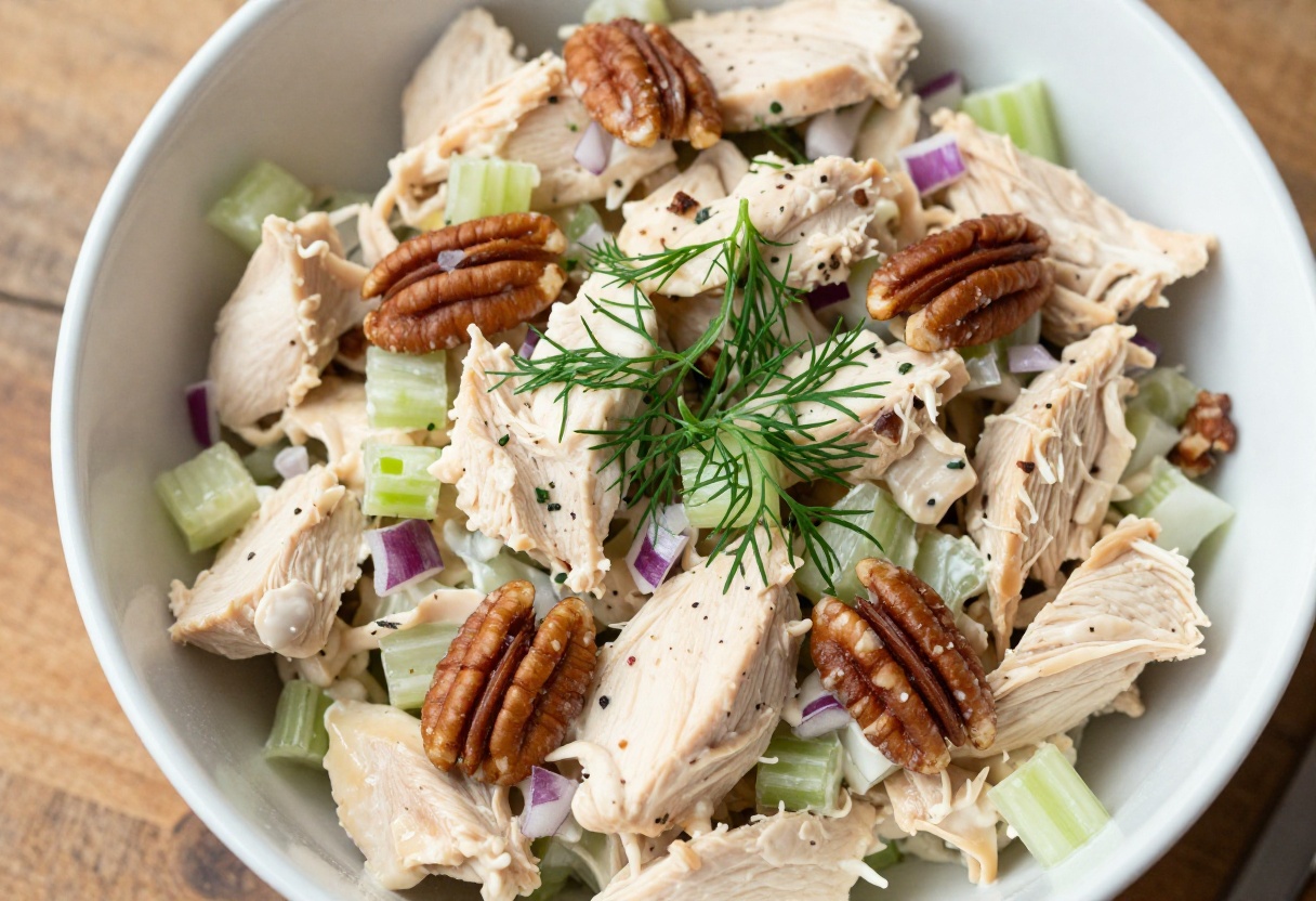 Creamy chicken salad with herbs and pecans in a bowl on a wooden table