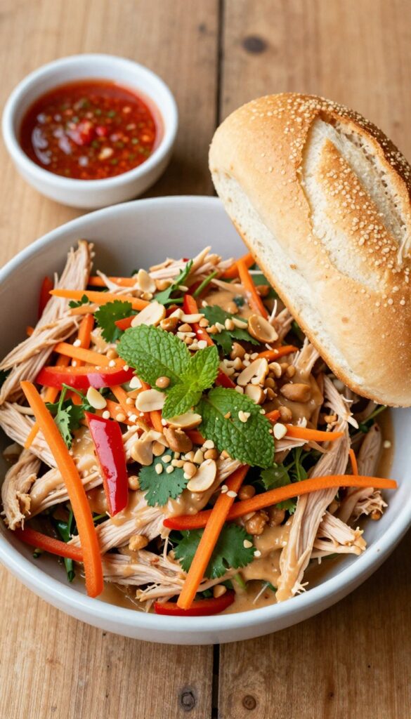 Spicy Thai chicken salad with peanut dressing in a bowl on a wooden table