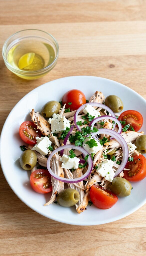 Mediterranean chicken salad with feta and olives on a white plate
