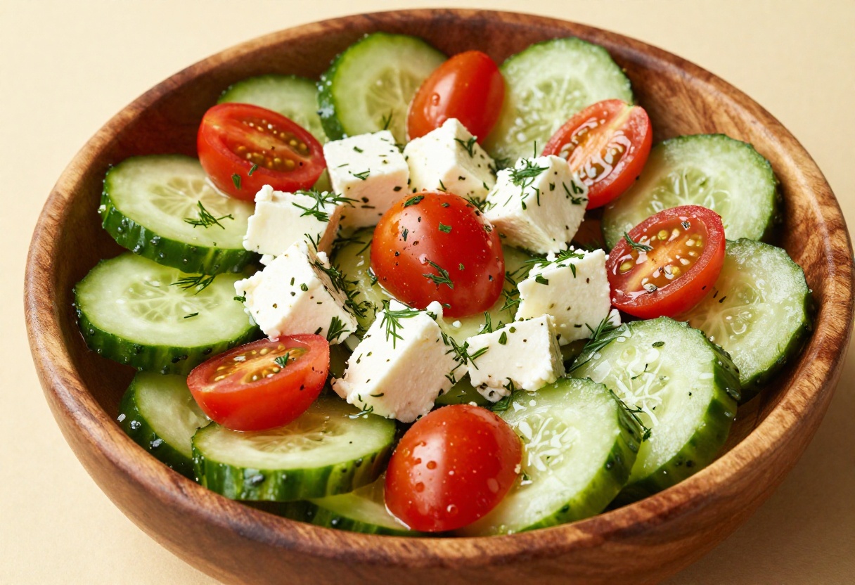 A colorful bowl of cucumber tomato feta salad with fresh herbs and lemon dressing