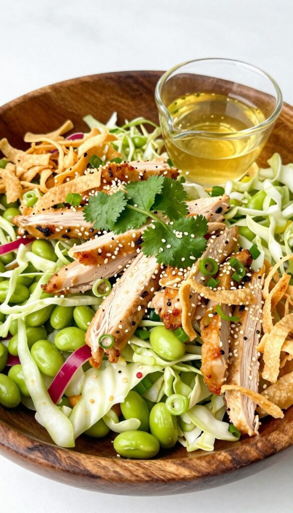 Asian sesame chicken salad with crunchy slaw in a wooden bowl