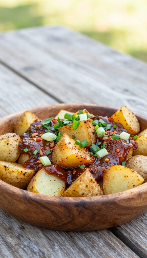 A bowl of smoky BBQ baked potato salad with roasted potatoes, barbecue sauce, green onions, and parsley, arranged on a picnic table in natural light.