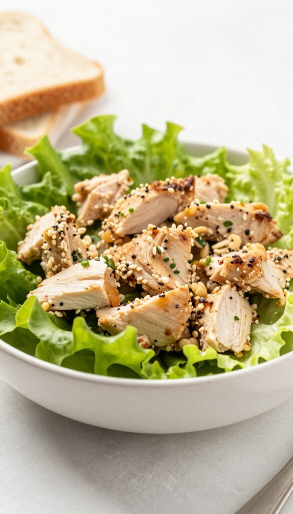 Chicken salad served with bread and lettuce on a wooden table.