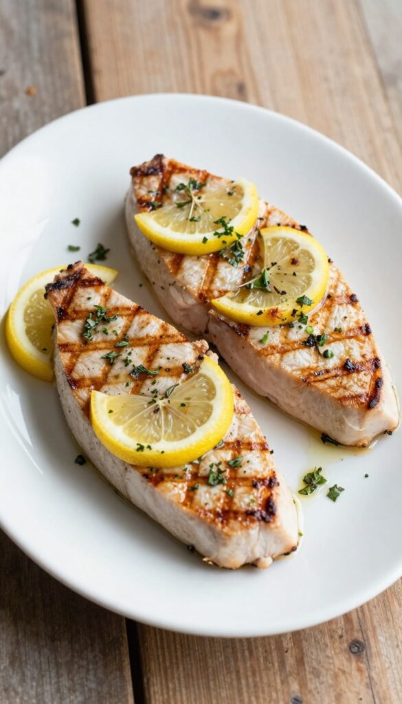 Grilled tuna steaks with lemon and herbs on a plate, showcasing a light and fresh meal for a blog recipe section.
