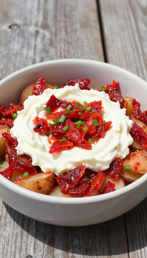 A close-up of loaded pimento cheese potato salad in a ceramic bowl, showcasing creamy texture and colorful ingredients like pimentos and green onions, set on a wooden table in natural light.