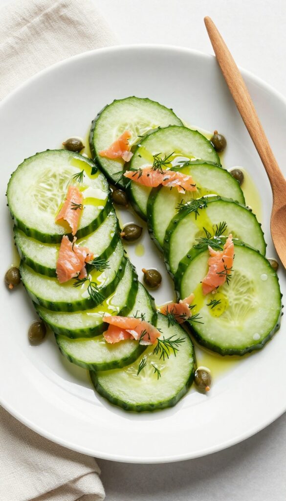 Overhead view of smoked salmon cucumber salad with dill olive oil on a white plate