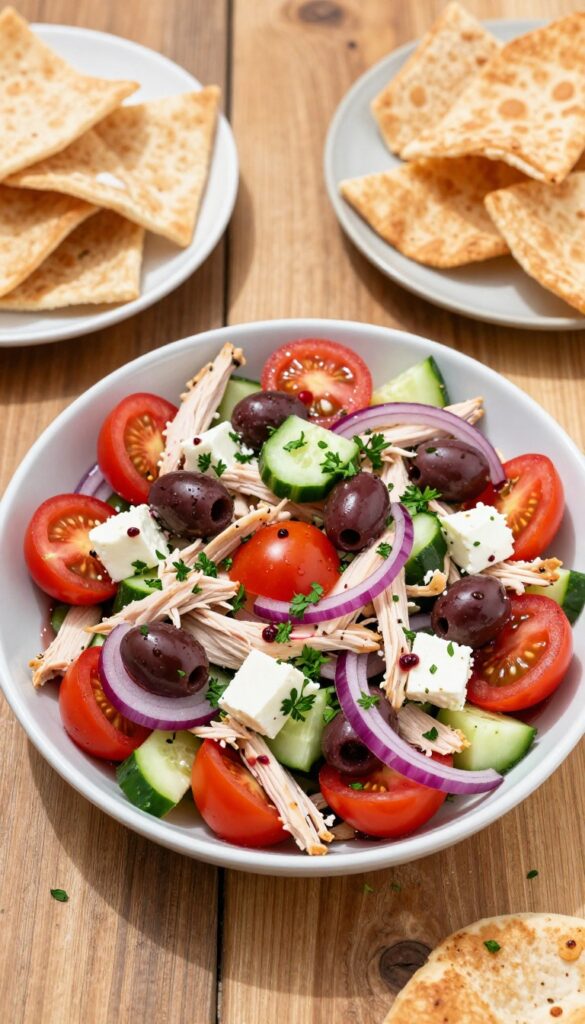 Greek chicken salad with feta, olives, and oregano served with pita chips