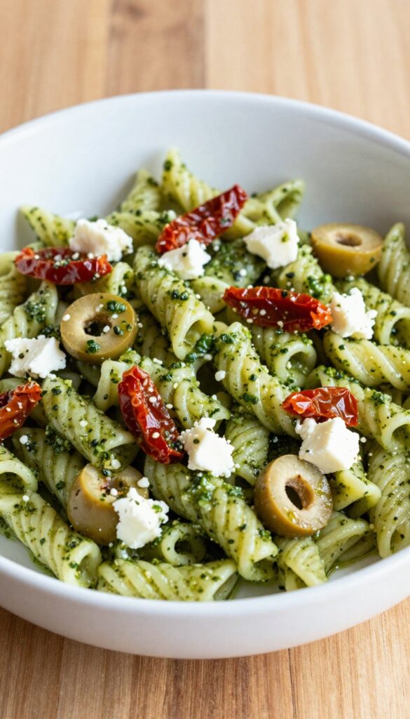 A close-up view of a pesto pasta salad with sun-dried tomatoes, olives, and feta cheese in a white bowl, showcasing the rich colors and textures under natural light.