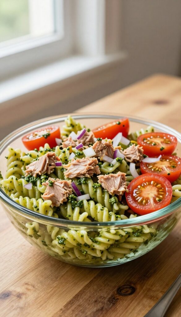 A close-up view of a Tuna Pesto Pasta Salad in a glass bowl, showcasing rotini pasta, tuna, pesto, cherry tomatoes, and red onion, with natural lighting and a clean composition.