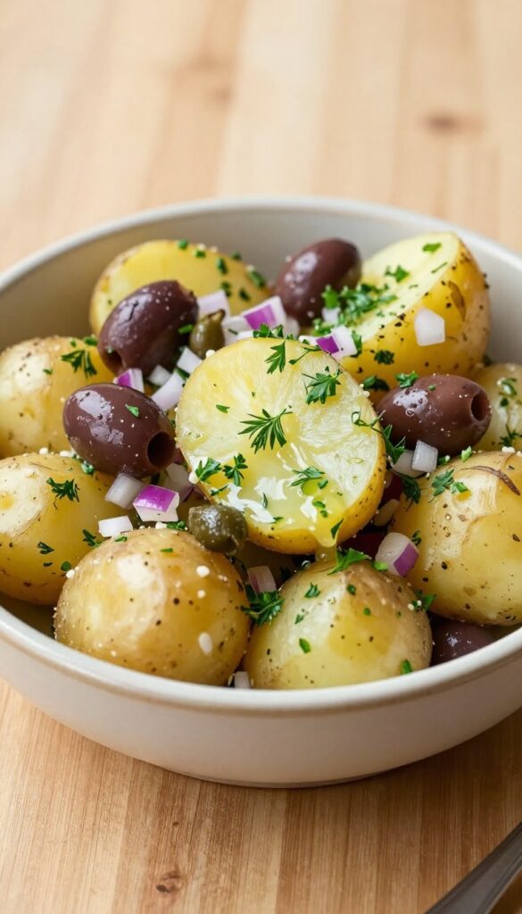 A vibrant Mediterranean potato salad with olives, capers, and herbs in a ceramic bowl, showcasing fresh ingredients and a light dressing, perfect for a casual meal.