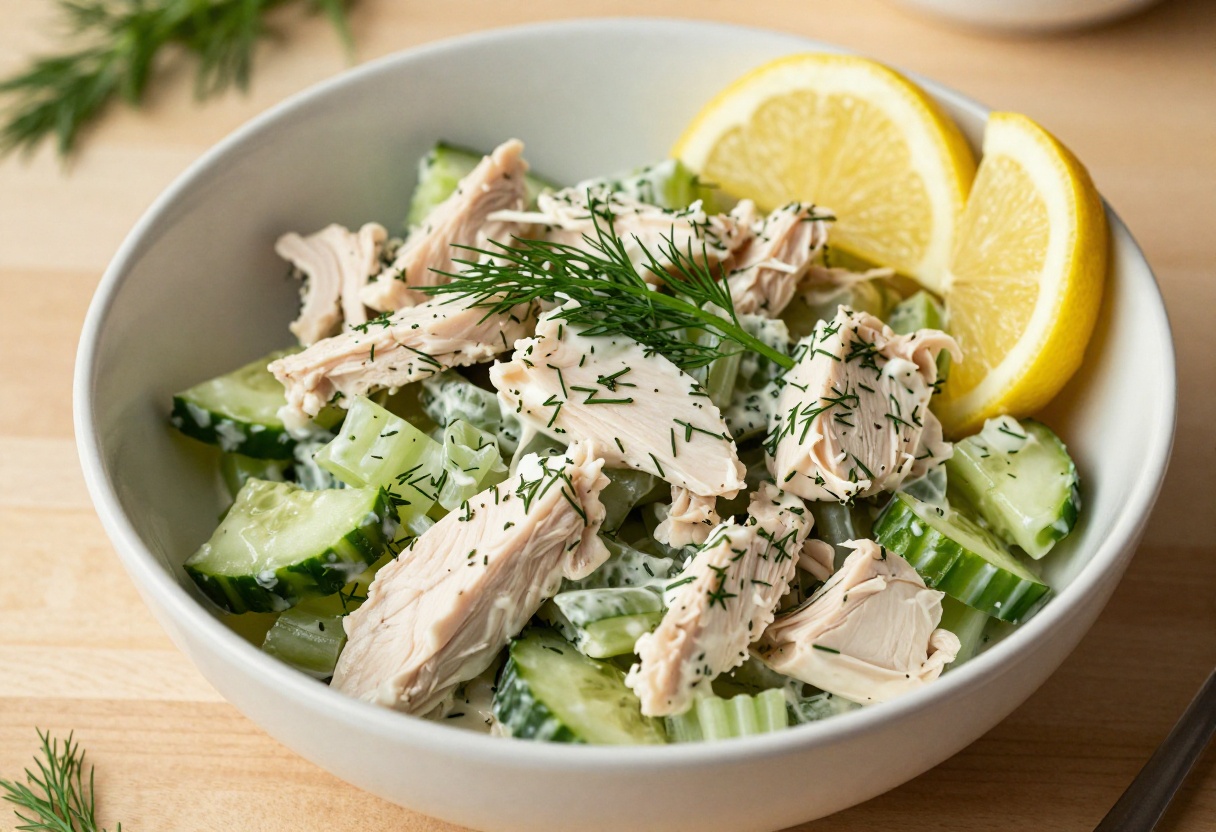 Bowl of creamy dill chicken salad with fresh dill and lemon garnish on a wooden table