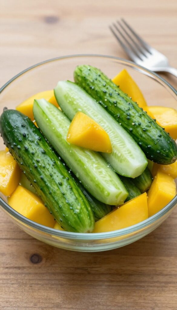 Mango cucumber salad on a wooden table with fork