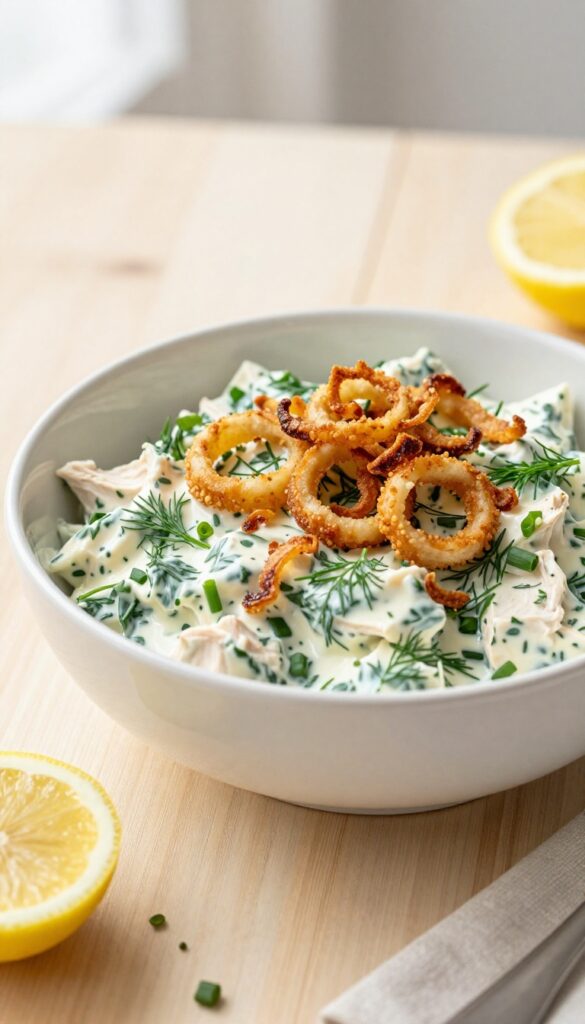 Lemon herb chicken salad topped with crispy shallots in a bowl