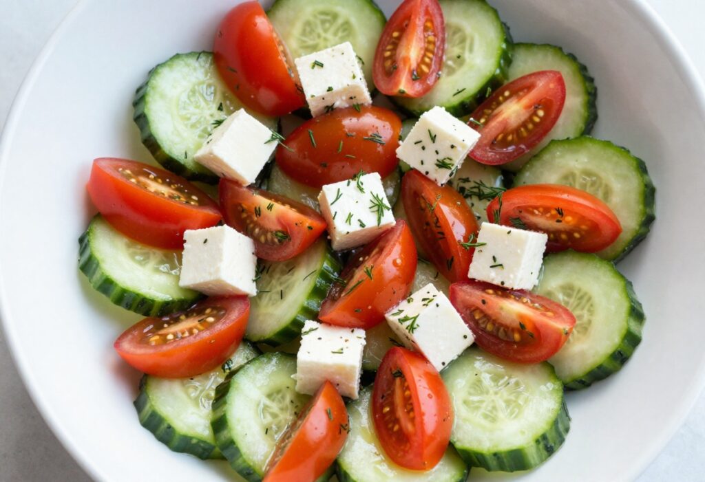 Fresh cucumber feta salad with tomatoes and dill in a white bowl