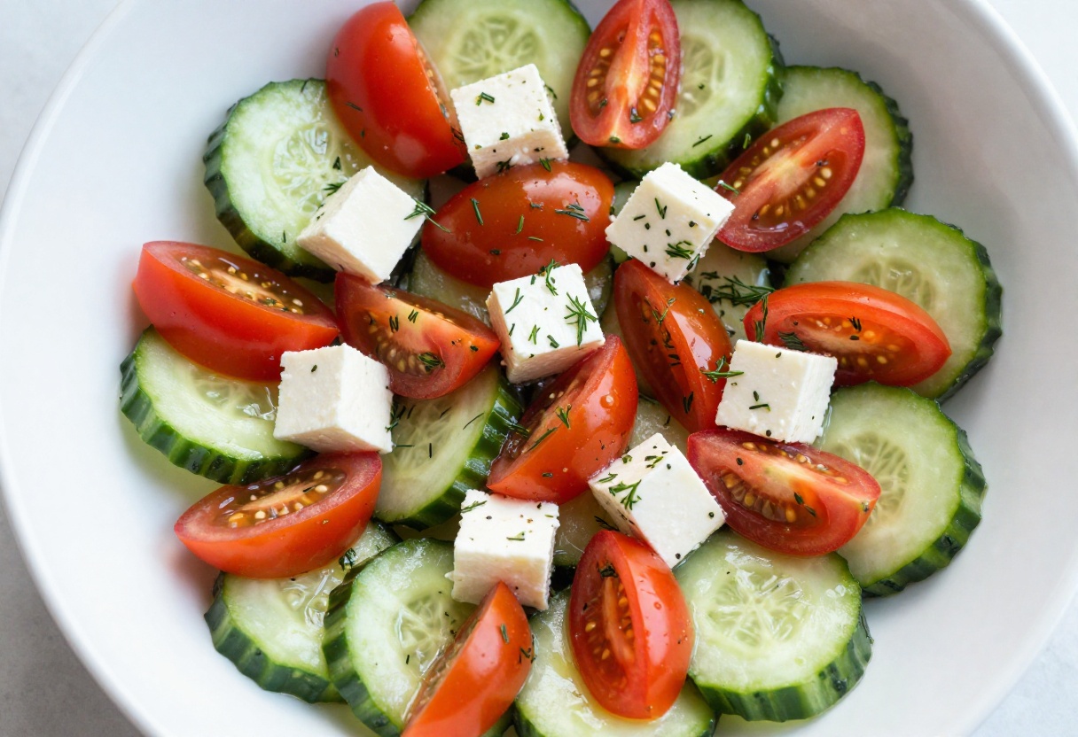 Fresh cucumber feta salad with tomatoes and dill in a white bowl
