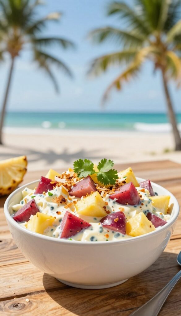 A bowl of tropical pineapple and coconut potato salad with red potatoes, pineapple chunks, and toasted coconut, garnished with cilantro, on a wooden table with a beach backdrop.